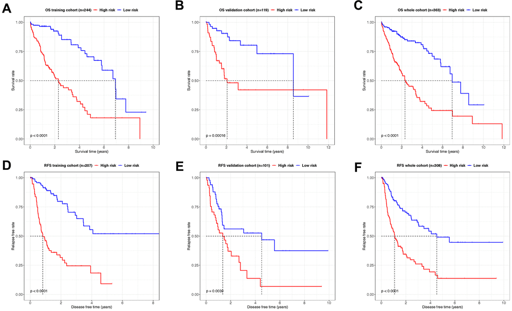 Kaplan–Meier analysis showing the OS- and RFS-time expectancy. (A–C) The overall survival curves of HCC patients in training, validation and whole cohorts grouped by the risk level. (D–F) The relapse-free survival curves of HCC patients in training, validation and whole cohorts grouped by the risk level.