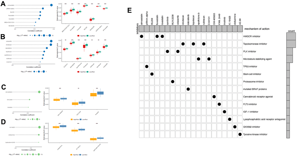Spearman’s correlation analysis and differential drug response analysis of 7 CTRP-derived compounds; (A) and 7 PRISM-derived compounds (B) with OS-classifier; (C) and 3 PRISM-derived compounds; (D) with OS-classifier. Note that lower values on the y-axis of boxplots imply greater drug sensitivity. (E) Heatmap showing each compound (perturbagen) from the CMap dataset that shares mechanisms of action (rows) and sorted by descending number of compound with shared mechanisms of action.