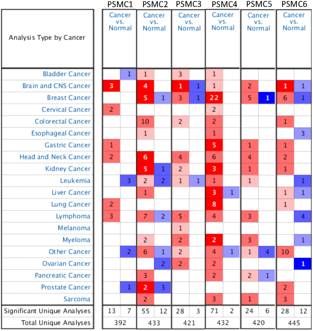 Overview of mRNA expression levels of proteasome 26S subunit, ATPase (PSMC) genes in multiple types and subtypes of cancer from the Oncomine database. The analysis compared expressions of target genes in breast cancer tissues relative to normal matched tissues. Red and blue gradients display the top-ranked genes in specific datasets. Significant unique analysis means the number of datasets that satisfied the threshold of >2 multiples of change, p