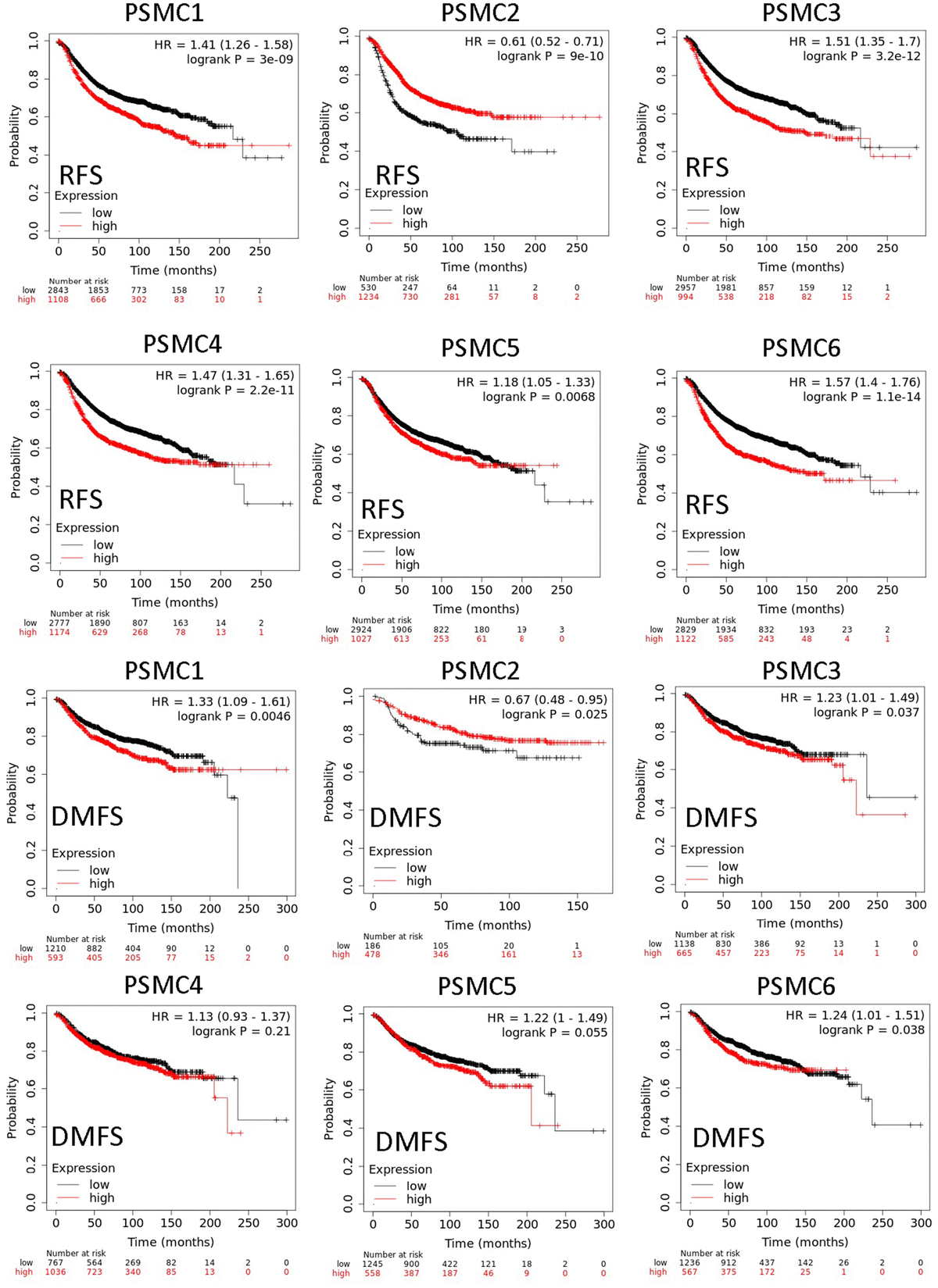 Relationship between expressions of proteasome 26S subunit, ATPase (PSMC) family members with recurrence-free survival (RFS) and distant metastasis-free survival (DMFS) from clinical breast cancer patients (n=2898). Kaplan–Meier plots show correlations of RFS and DMFS in breast cancer patients with high and low expression levels of PSMC family members using the median of expression as the cutoff. Red and black lines respectively represent higher and lower values than the median. High expression levels of most PSMC members were associated with poor survival, whereas high expression levels of PSMC2 were associated with significantly better survival rates (p