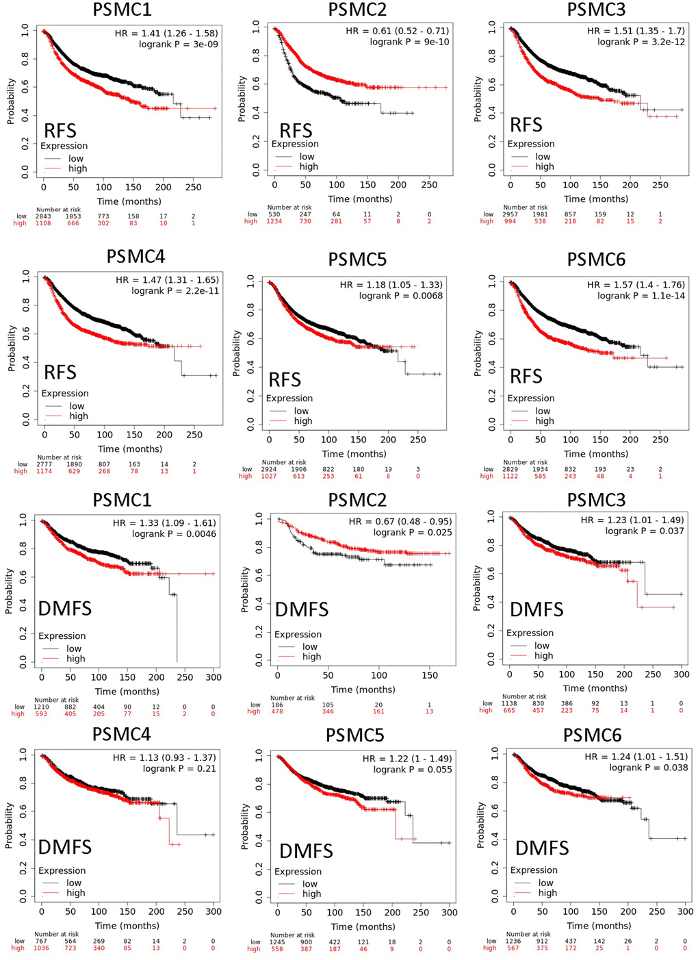 Relationship between expressions of proteasome 26S subunit, ATPase (PSMC) family members with recurrence-free survival (RFS) and distant metastasis-free survival (DMFS) from clinical breast cancer patients (n=2898). Kaplan–Meier plots show correlations of RFS and DMFS in breast cancer patients with high and low expression levels of PSMC family members using the median of expression as the cutoff. Red and black lines respectively represent higher and lower values than the median. High expression levels of most PSMC members were associated with poor survival, whereas high expression levels of PSMC2 were associated with significantly better survival rates (p