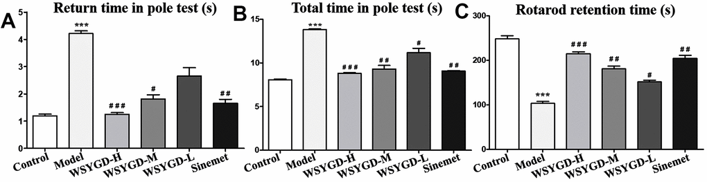 Effects of WSYGD on behavioral test of PD chronic model mice. In the pole test, (A) refers to the turning time and (B) refers to the total time; (C) refers to the retention time in the rotarod test. Control: blank group; Model: rotenone-intoxicated group; WSYGD-H: high dosage group; WSYGD-M: medium dosage group; WSYGD-L: Low dosage group; Sinemet: positive control. ***p