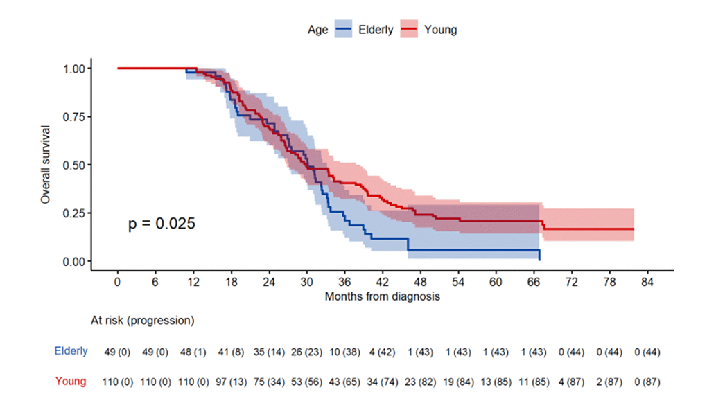 Overall Survival from diagnosis depending of group of age in the GEINO-14 trial.