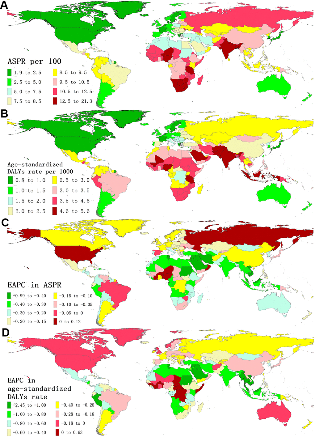 The global disease burden of BVL for both sexes in 204 countries and territories. (A) The ASPR of BVL in 2019; (B) The age-standardized DALYs rate of BVL in 2019; (C) The EAPC in ASPR of BVL from 1990 to 2019. (D) The EAPC in age-standardized DALYs rate of BVL from 1990 to 2019. BVL, blindness and vision loss; ASPR, age-standardized prevalence rate; DALYs, disability-adjusted life years; EAPC, estimated annual percentage change.
