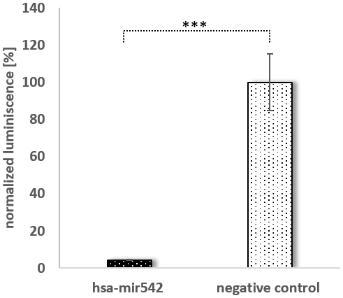 The binding of mir542-5p to its target SPRR2C. A dual luciferase assay was performed by sequentially measuring firefly and renilla luciferase. A immortalized keratinocyte cell line was transfected with 350 ng psiCHECK2™-SPRR2C (281-486) and either 125 nM MISSION miRNA MIMIC hsa-mir542 or MISSION miRNA MIMIC Negative Control #1. Black bars indicate a co-transfection with mir-542-5p, grey bars a co-transfection with the control miRNA. All data are normalized to the firefly luciferase activity (N=4). An independent t-test analysis indicated a significant difference.