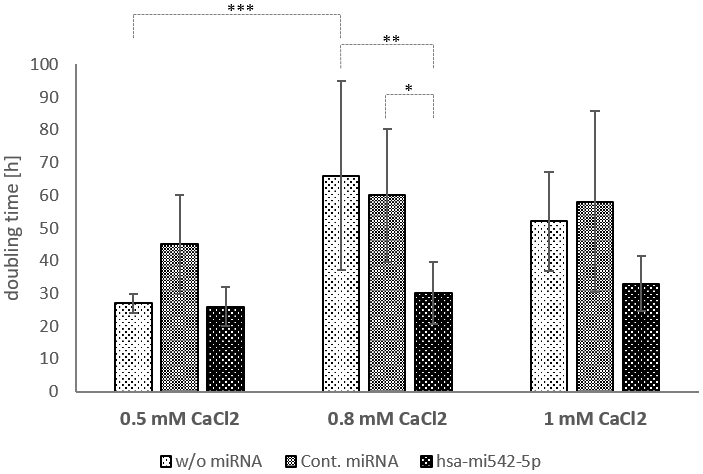 The doubling time of HaCaT cells in dependence of calcium and mir542-5p. HaCaT cells were treated with 0.5, 0.8 and 1 mM CaCl2 to induce the formation of the cornified envelope. In parallel cells were transfected with a control miRNA and hsa-mir542-5p. Cell numbers were calculated 24, 48 and 72 hours after start of treatment (N=4-6; *: p