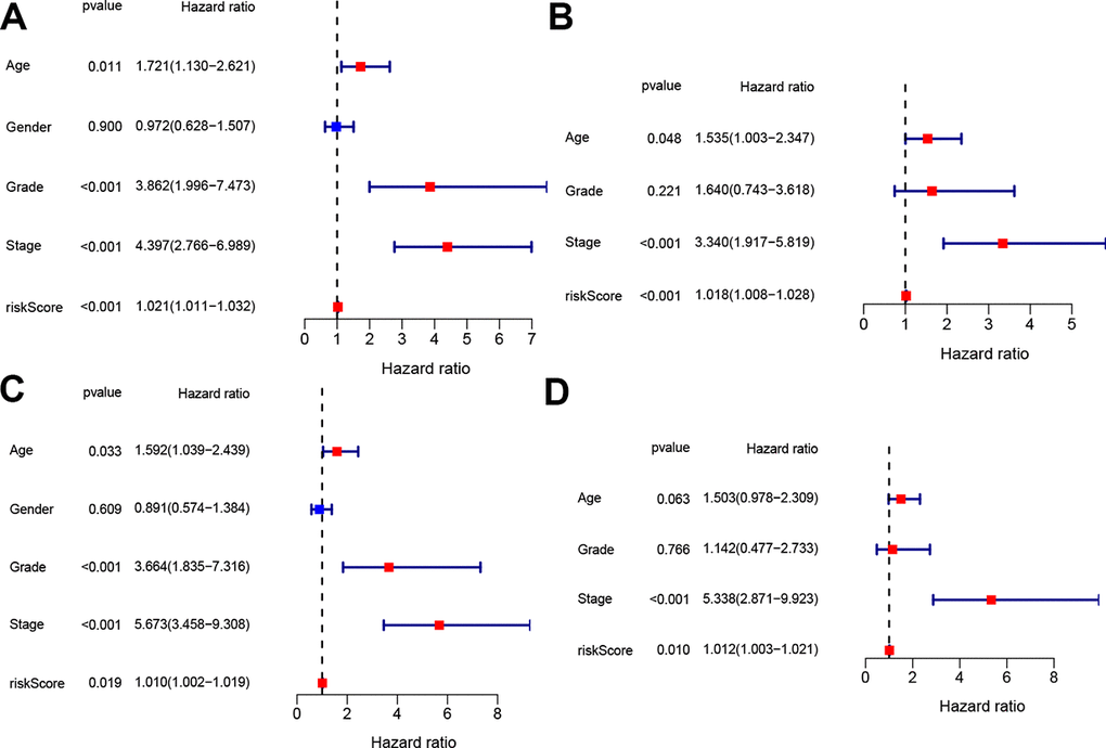 Independent prognostic value of the constructed signature. Univariate and multivariate Cox analyses regarding OS in the train set (A, B) and test set (C, D).