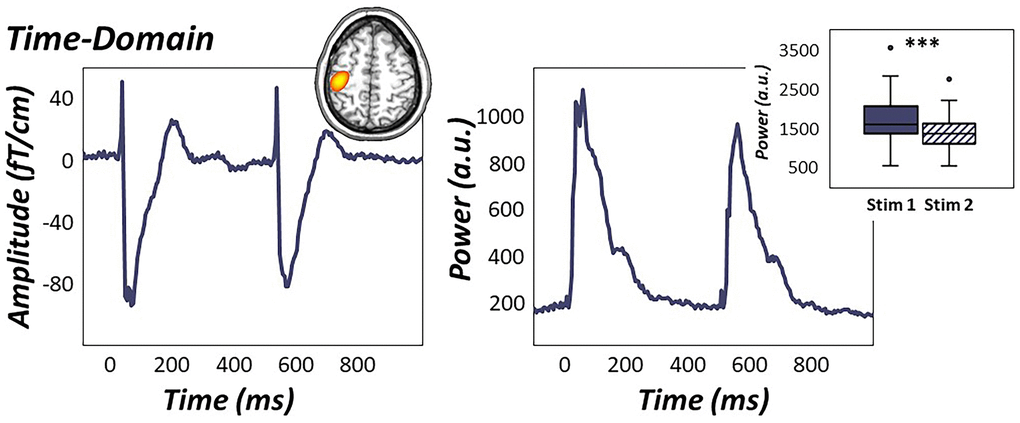 Time-domain response to electrical stimulation. (Left): Time domain average of data from a representative sensor near the left sensorimotor cortex (M0443). Grand-averaged sLORETA source estimates (inset in top right) of statistically-derived sensor-level temporal clusters showed robust increases in phase-locked neural activity from 25-125 ms and 525-625 ms in the left primary somatosensory cortex. (Right): The peak voxel time course revealed significantly attenuated time-domain responses to the second stimulation compared to the first, indicative of significant gating of time-domain activity across all participants during paired-pulse stimulation (Right: box plot). ***p 