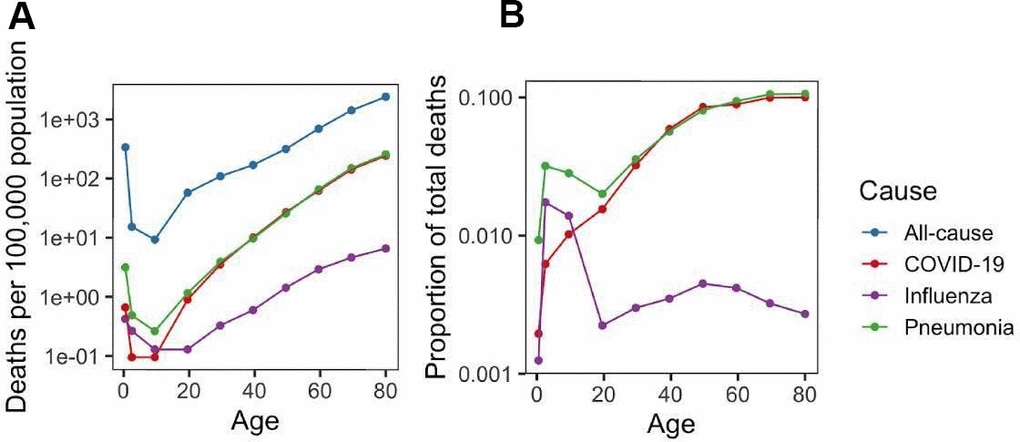 Burden of COVID-19, pneumonia and influenza. (A) Mortality rate (per 100,000 population) for COVID-19, pneumonia and influenza as well as all-cause mortality rate. (B) Ratio of COVID-19, pneumonia and influenza mortality rate to all-cause mortality rate.