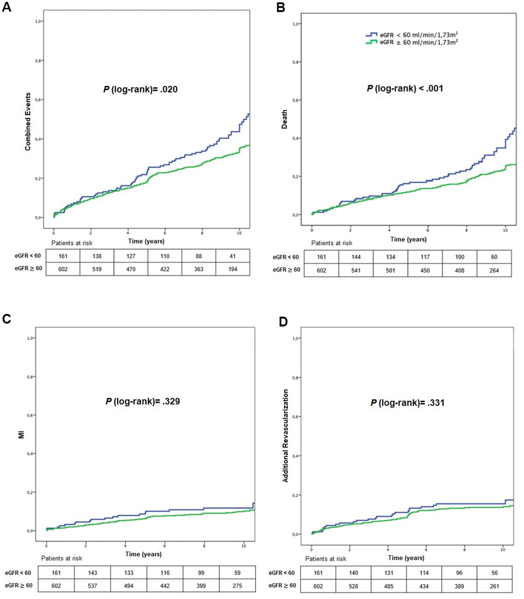 Kaplan-Meier curves showing MACE (A), mortality (B), myocardial infarction (C), and additional revascularization (D), according to CKD status. eGFR, estimated glomerular filtration rate; MI, myocardial infarction.