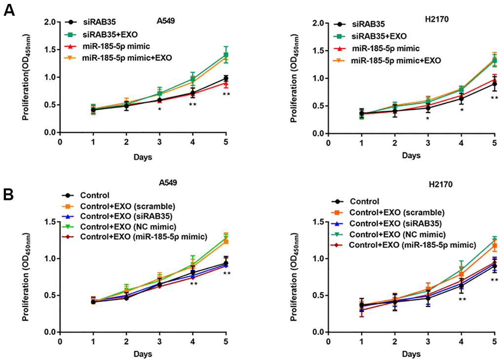 NSCLC cell-derived exosomes with RAB35 knockdown or miR-185-5p overexpression inhibit NSCLC cell proliferation. (A) A549 cells (H2170 cells) with knockdown of RAB35 or overexpression of miR-185-5p were incubated with exosomes secreted by A549 cells (H2170 cells). CCK-8 assay was used to measure the proliferation of A549 and H2170 cells at day 1, 2, 3, 4, 5 after transfection. (B) RAB35 siRNA was transfected as negative control group and co-cultured with the exosomes secreted by RAB35 downregulated or miR-185-5p overexpression A549 cells and H2170 cells, respectively. The cell proliferation was measure by CCK-8 assay. N=6, ** P