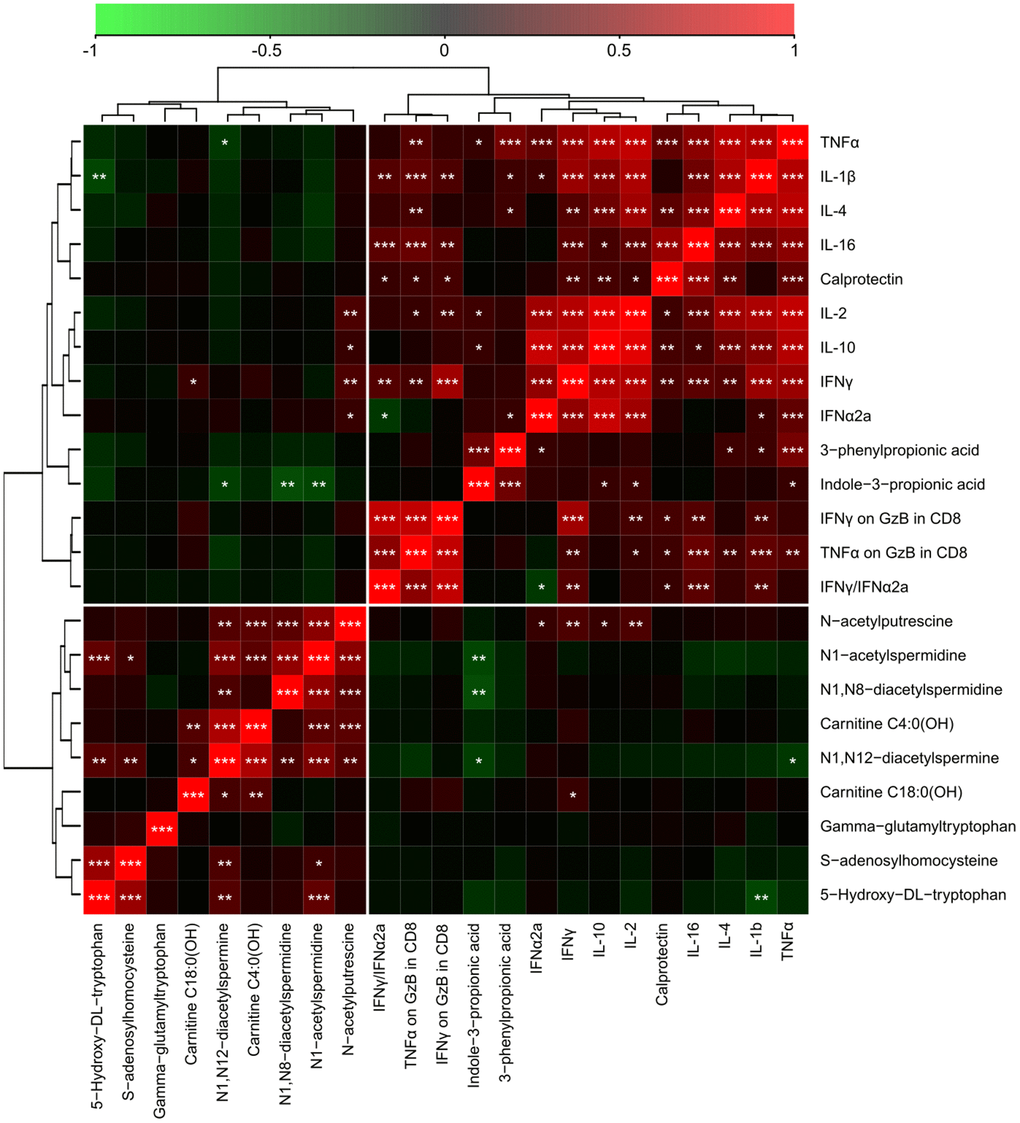 Integration of metabolic with inflammatory markers in serum samples from cancer patients with different levels of Covid-19 severity. The correlation heatmap of data was generated by means of Pearson’s method, and clustered using the ward. D2 method. The red color indicates positive correlations with a FDR0.05) associations. *p 