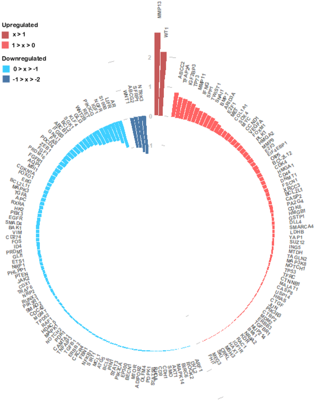 Circular barplot evidencing the expression of the 172 experimentally validated miRNA target genes. The expression values of the 172 genes were obtained from the TCGA colon and rectal cohorts and the log2(FC) values between the primary tumour and normal tissue samples were calculated. The log2(FC) value of each gene is given by the length and tone of each coloured bar in accordance with each gene regulation status (red colours – upregulated; blue colours- downregulated).