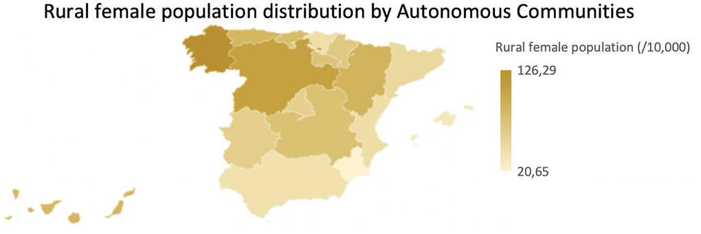 Rural female population distribution map by Autonomous Communities. Normalized rural female population (per 10.000 inhabitants) by Autonomous Communities.