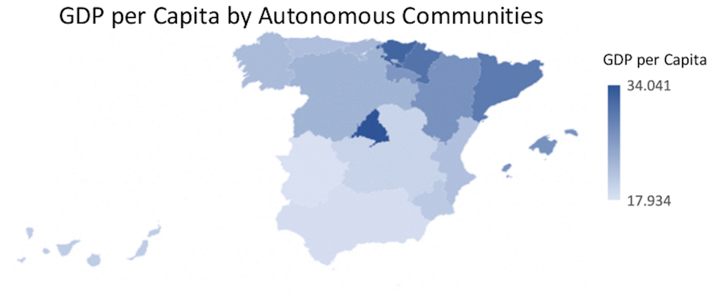 GDP per Capita distribution map by Autonomous Communities. Normalized proportion of GDP per Capita by Autonomous Communities.
