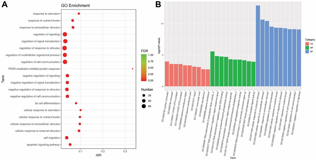 The results of gene ontology enrichment. (A) The plot shows the top 20 significantly enriched gene ontology (GO) terms in response to OA treatment in MCF-7 cells. (B) The top 10 significantly enriched GO terms in three distinct functional groups, including cellular component (CC) colored red, molecular function (MF) colored green and biological process (BP) colored blue.