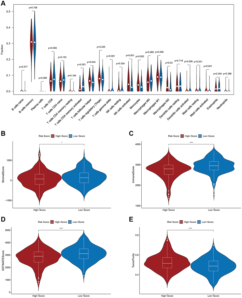 Relationship between the prognostic signature and the tumor immune microenvironment. (A) Relationship between the prognostic signature and immune cell infiltration. (B) Stromal score. (C) Immune score. (D) ESTIMATE score. (E) Tumor purity.