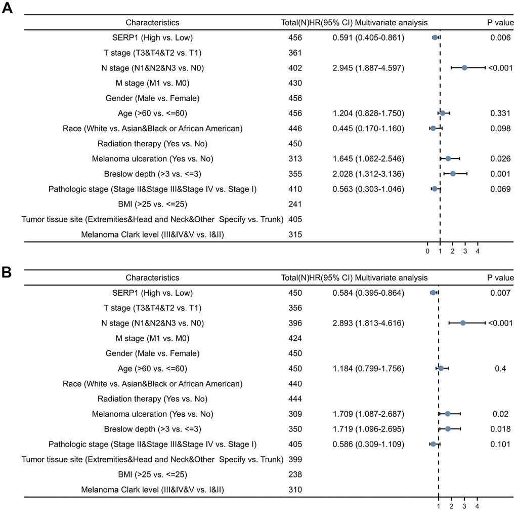 Forest plots of different clinical variables for SERP1 in SKCM patients. Forest plot of different clinical variables on OS (A) and DSS (B) by multivariate cox regression analysis.