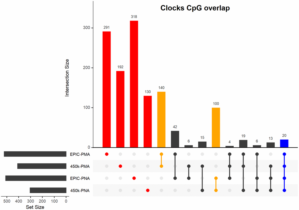 Upset plot of CpGs included in our four NEOage clocks. Highlighted in red are the number of CpGs that are unique to each individual clock. Highlighted in orange are the number of overlapping CpGs of clocks that are predictive of either PMA or PNA. Highlighted in blue are the number of CpGs that overlapped in all four clocks (additional information for the 20 common CpGs provided in Supplementary Table 13). Highlighted in black are the number of overlapping CpGs of clocks where at least one clock is predictive of PMA and at least one clock is predictive of PNA.