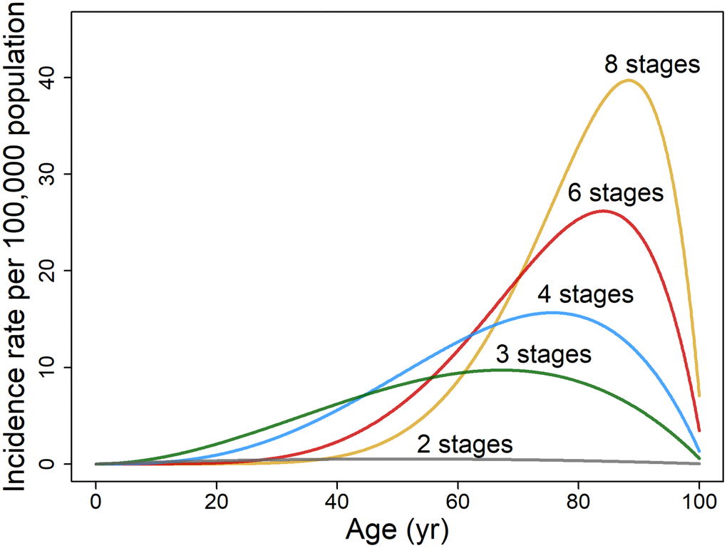 Illustrative plots of age-specific rate of cancer incidence per 100,000 population based on two variables, age t and cancer stages k. The age-dependent incidence rate of hypothetical cancers is modeled on non-reproductive cancers for both sexes pooled (n = 21) as described by Equation 6 (assuming b = 0.0099, c = 0.0046 and d = 0.0087).