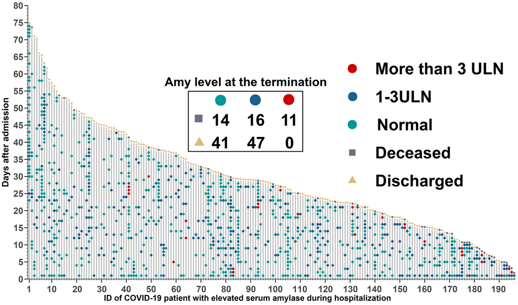 Timeline of events for 196 COVID-19 patients with hyperamylasemia. Amylase level at the termination time was extracted within 5 days before discharge or death, and 67 patients with no available data.