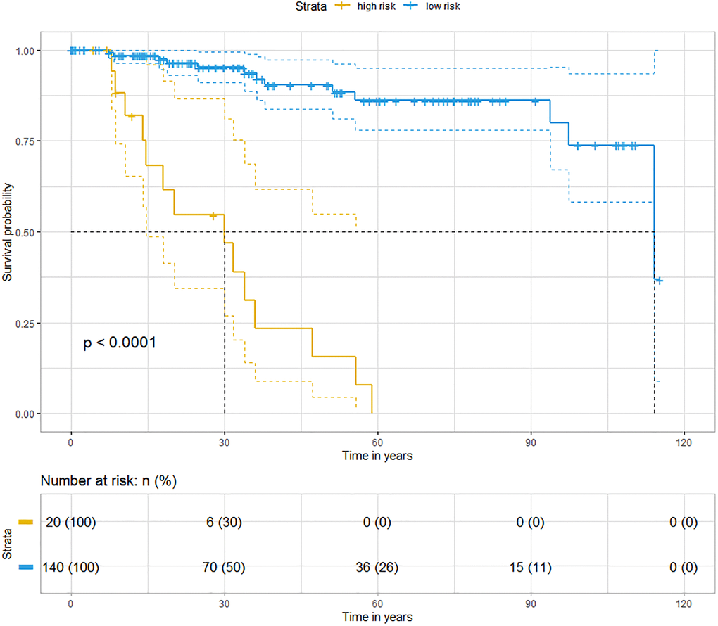 Kaplan-Meier analyses indicate that patients in low risk group have better OS than those in high risk group (blue represents low risk group and yellow represents high risk group, Logrank p 