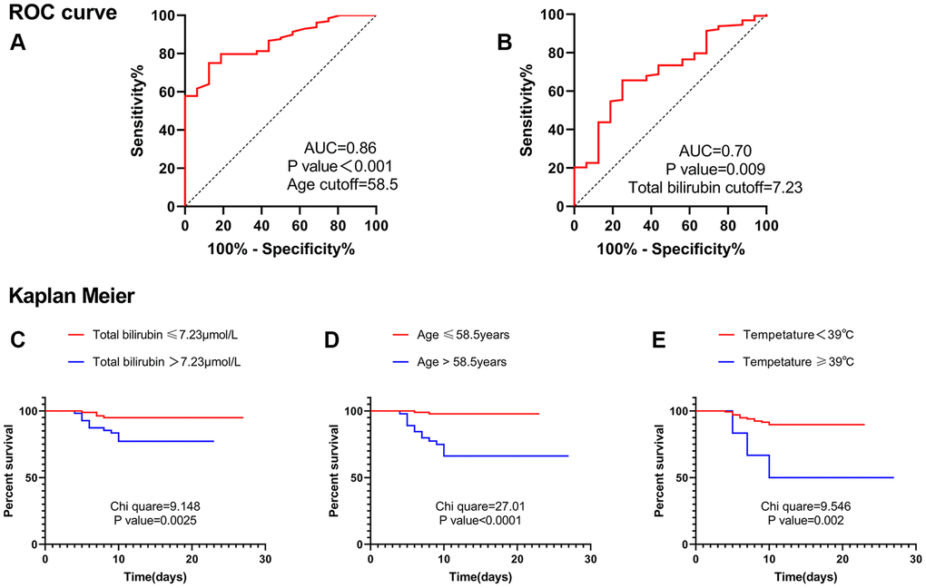 ROC curve and Kaplan Meier. (A) ROC curve suggested that age was valuable in predicting severe disease, and the cut-off point was 58.5 years. (B) ROC curve suggested that total bilirubin level was valuable in predicting severe disease, and the cut-off point was 7.23 μmol/L. (C) Kaplan Meier analysis suggested that patients with total bilirubin levels greater than 7.23 μmol/L were more likely to develop into severe cases. (D) Kaplan Meier analysis suggested that patients with age greater than 58.5 years were more likely to develop into severe cases. (E) Kaplan Meier analysis suggested that patients with Temperature ≥39°C were more likely to develop into severe cases. Abbreviation: AUC: area under the curve.