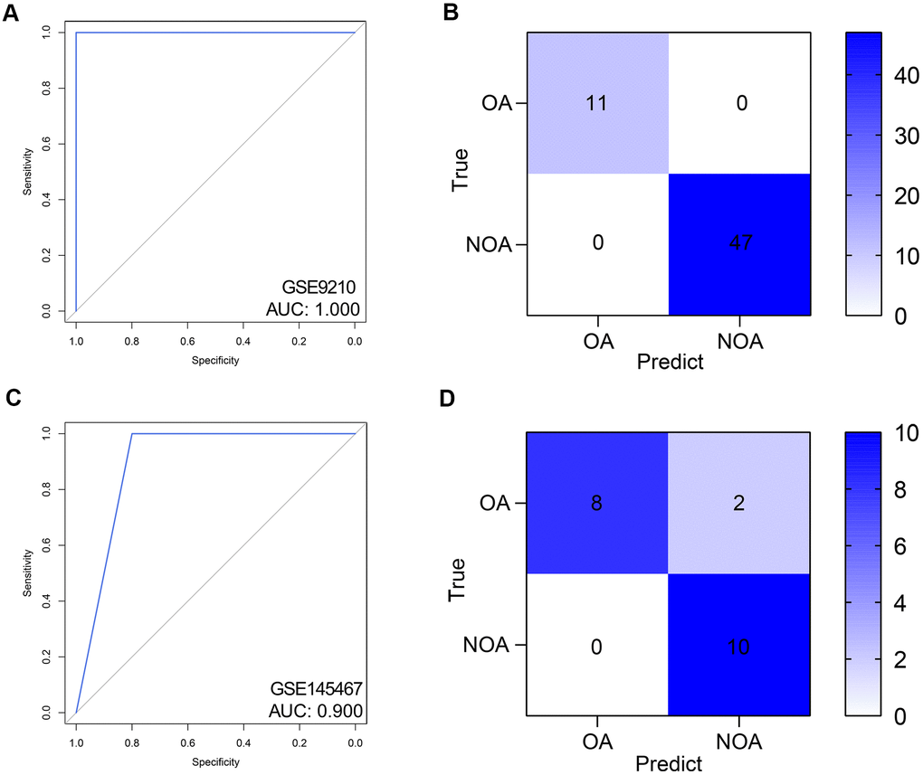 Validation of the diagnostic efficacy of the random forest model. (A, B) The ROC (A) and confusion matrix (B) of the predictive model in the training dataset. (C, D) The ROC (C) and confusion matrix (D) of the predictive model in the external validation dataset. ROC, receiver operating curve. AUC, area under curve; NOA, non-obstructive azoospermia; OA, obstructive azoospermia.