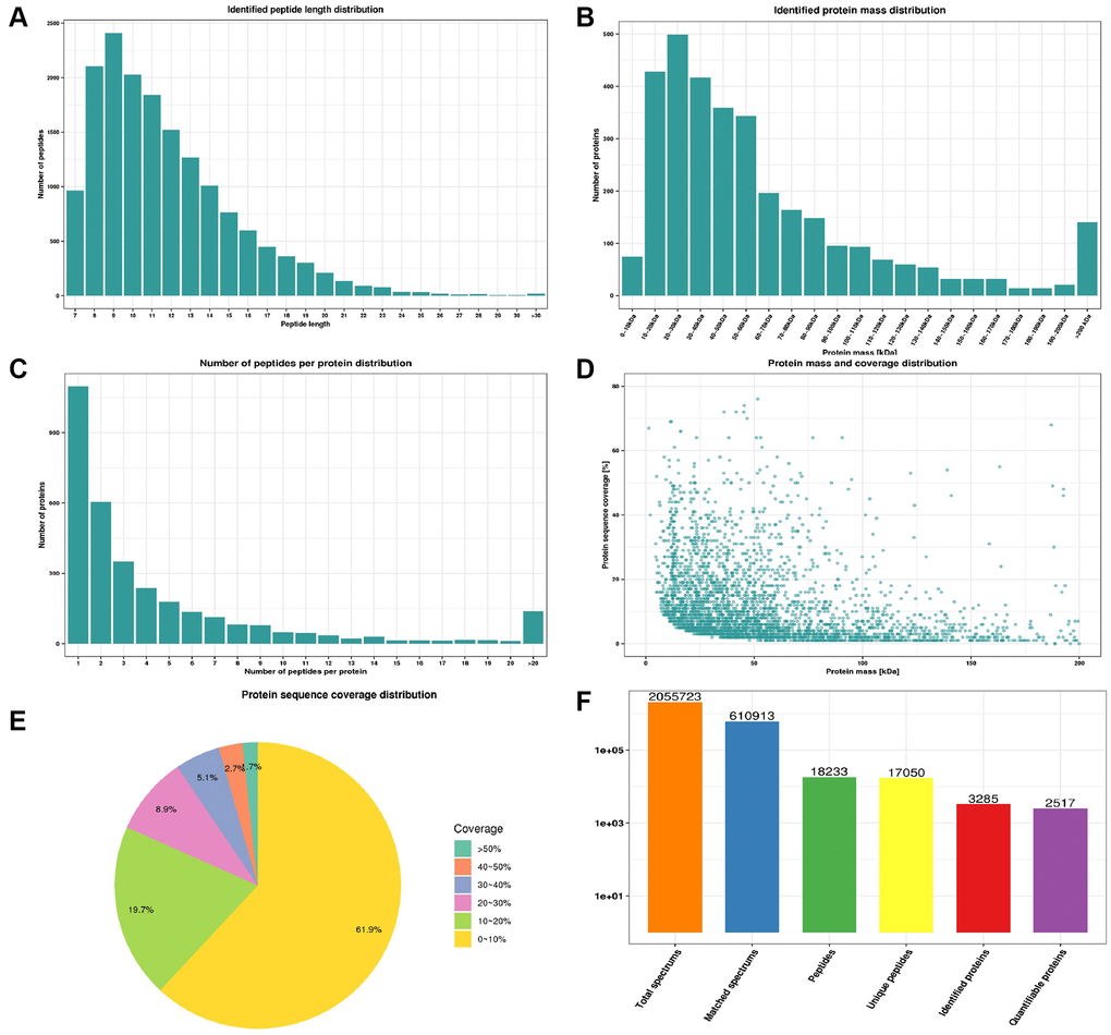 Quality control indexes and proteome landscape between normal and CPP group. (A) Identified peptide length distribution. (B) Identified protein mass distribution. (C) Number of peptides per protein distribution. (D) Protein mass and coverage distribution. (E) Protein sequence coverage distribution. (F) The number of total spectrums, matched spectrums, identified peptides, unique peptides, identified proteins and quantifiable proteins.