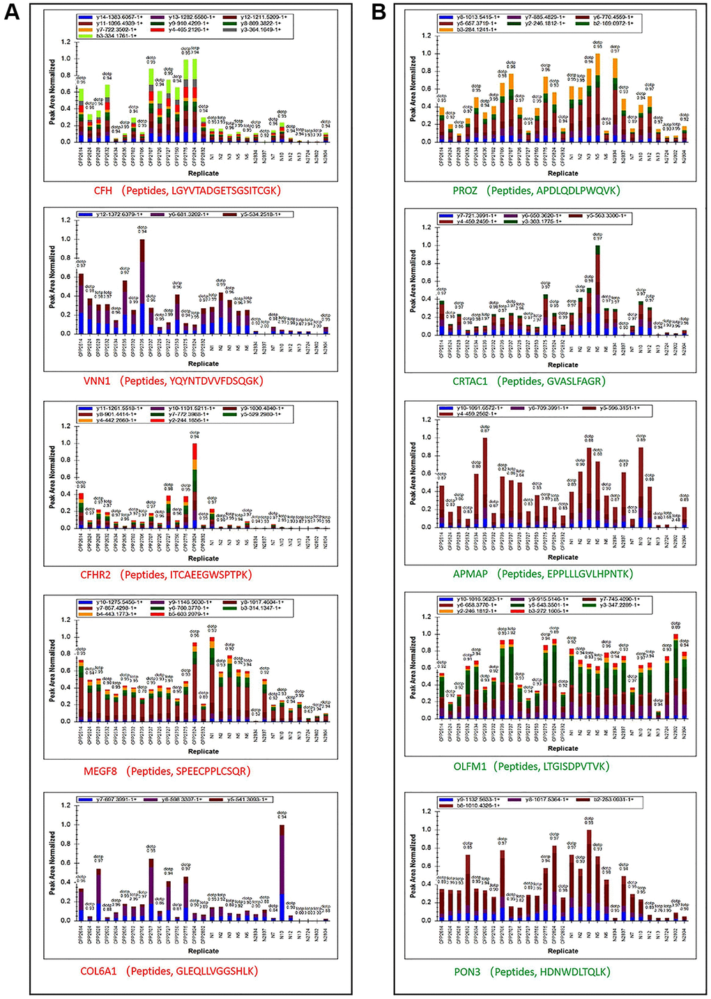 Peptide ion peak area distribution of PRM. (A) Ion peak area distribution of top 5 up regulated proteins’ peptides. (B) Ion peak area distribution of top 5 down regulated proteins’ peptides.