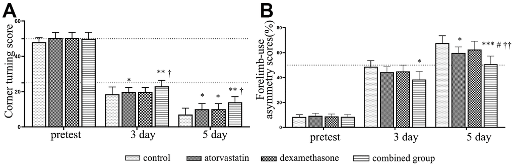 Dynamic changes in the functional scores of the rats after different interventions. (A) The dynamic changes in corner turning test scores in different intervention groups. (B) The dynamic changes in forelimb-use asymmetry scores in different intervention groups. *Compared with the hematoma group, p 