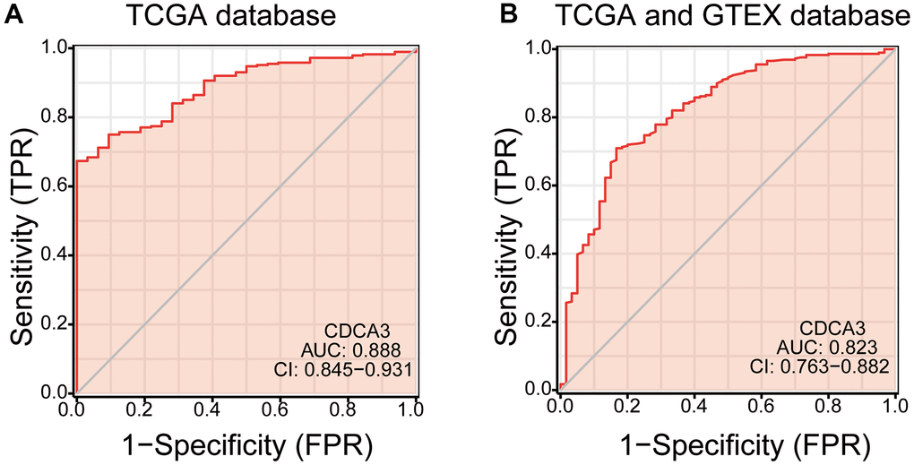 ROC analysis. (A, B) the diagnostic efficacy of CDCA3 for KIRP both the TCGA database and the TCGA combined with the GTEX database.
