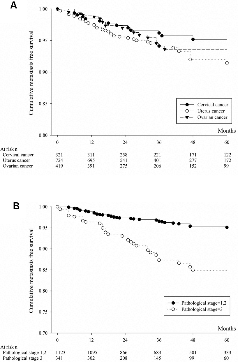(A) Cumulative metastasis-free survival of patients with lung metastasis from cervical or uterine or ovarian cancer. (B) Based on pathologic staging, cumulative metastasis-free survival was calculated for patients with lung metastasis from cervical or uterine or ovarian cancer.