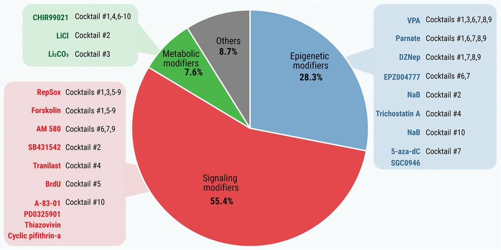 Distribution of SMs by functional categories. The basic biological activities of all SMs that induce or enhance pluripotency (n = 92) were extracted from the STITCH online tool, PubChem database and scientific literature. Functional categories of SMs were based on Gene Ontology Resource.