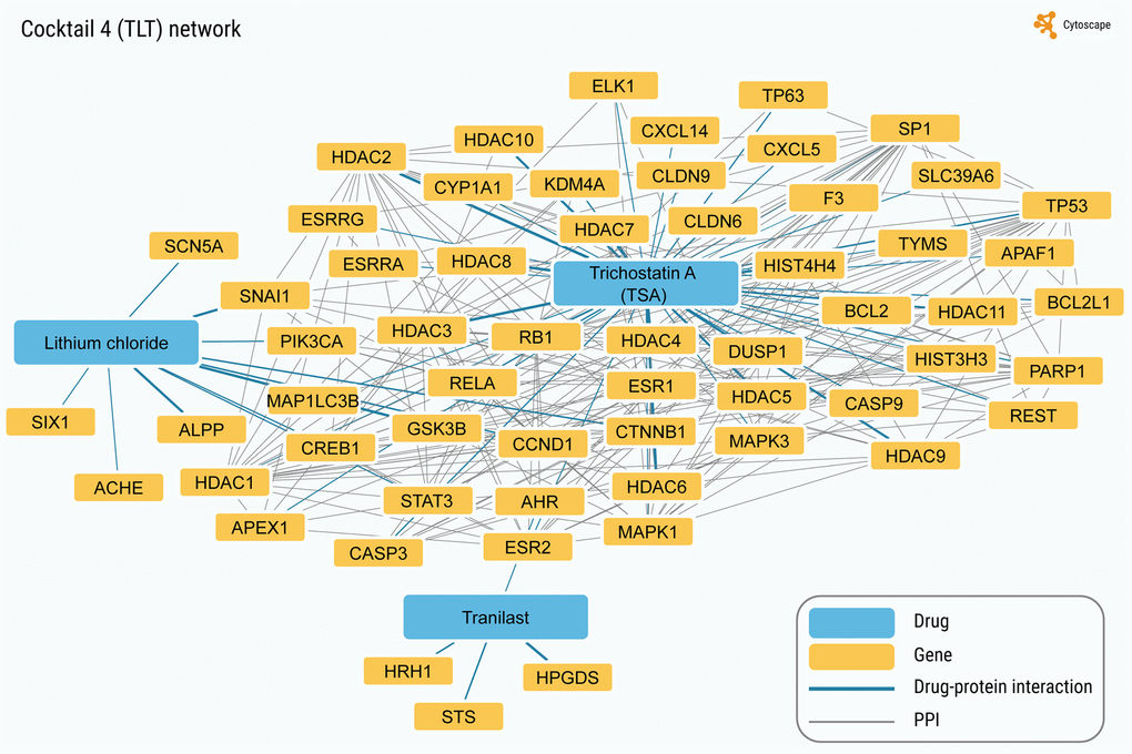 The network with the highest interconnectivity (corresponding to the TLT cocktail). In total, 58 protein targets are in the network. Continuous network without taking into account drug connectivity (chemical-protein interactions) includes 44 genes/proteins (75.9%; values for random sampling (mean ± SD): 4.5 ± 2.4; z-score for observed value: 30.03).
