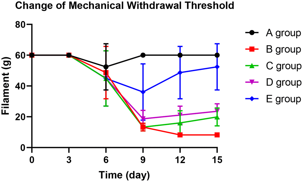 The effect of Huangqi Guizhi Wuwu Decoction on mechanical withdrawal threshold of different rat groups.