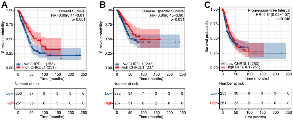 Impact of CHRDL1 expression on OS (A), DSS (B) and DFS (C) in patients with LUAD in a TCGA cohort. The bottom half of the picture showed that the risk table records the number of people who were still following at each point in time.