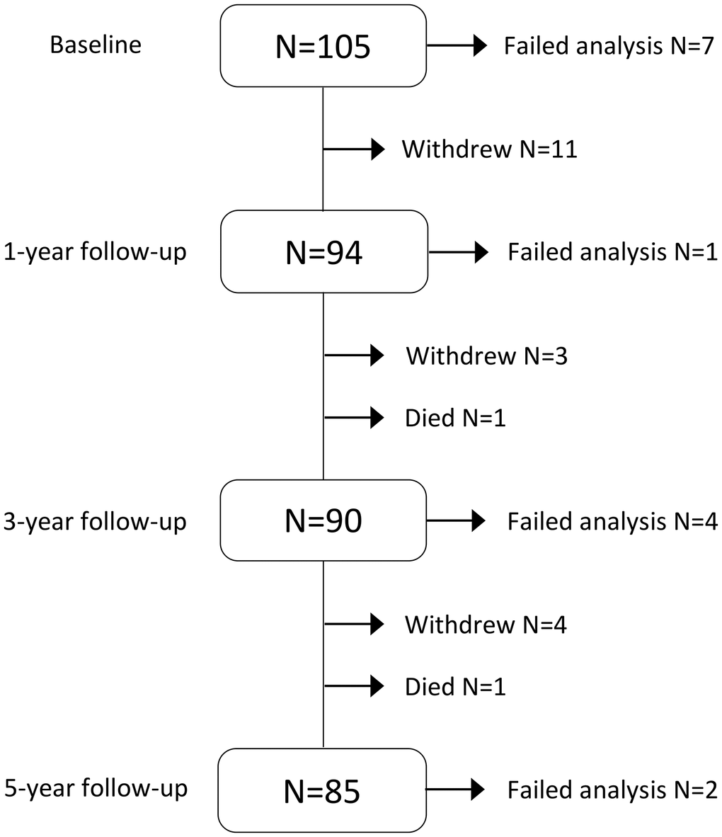 Flowchart of participation, attrition and MRI data included in statistical analysis during the five-year intervention. Failed analysis included corrupted images, motion or other artifacts interfering with manual delineation and/or automated analysis (Figures 3 and 4).
