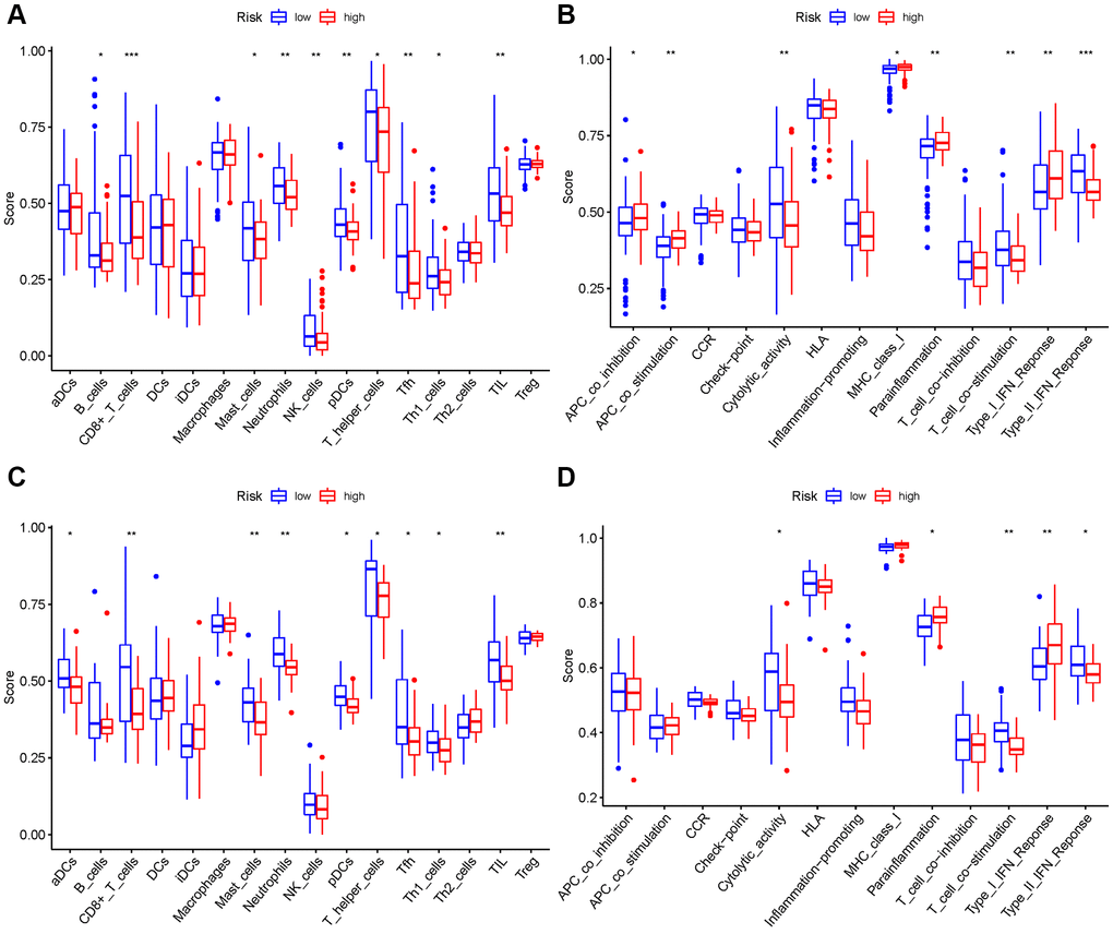 Comparison among ssGSEA scores. (A, B) TCGA cohort, (C, D) GEO cohort.