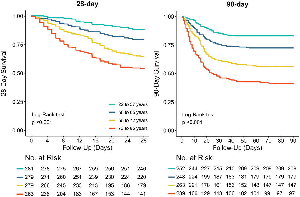 Kaplan-Meier curves for 28-day and 90-day mortality per age group. The Log-Rank test was used to calculate P values.