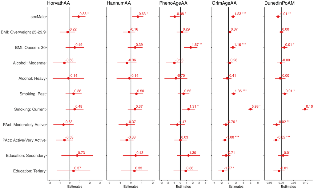 Effect size and 95% confidence intervals (interpretable as years of increase/decreasing epigenetic age and rate of aging) of the association between the four epigenetic aging biomarkers and the pace of aging and modifiable risk factor.