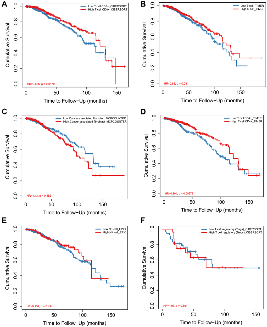 Analysis of immune cell proportion and survival time of breast cancer Survival curves for Macrophage M1 (A), Macrophage M2 (B), T cell CD8+ (C), B cell plasma (D), T cell follicular helper (E), T cell CD4+ memory activated (F) and prognosis of breast cancer were analyzed.