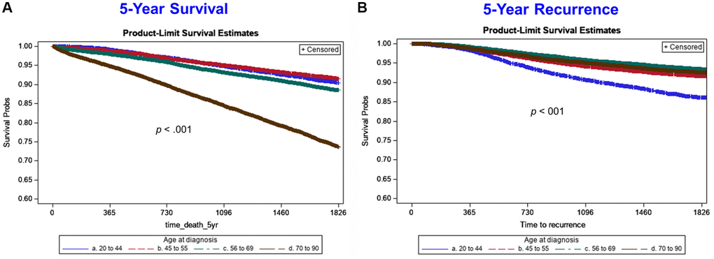 Five-year Kaplan-Meier survival curves by age group for all-cause mortality (left side) and breast cancer recurrence (right side). Age group lines are: blue line (20 to 44 years), red/orange line (45 to 55 years), green line (56 to 69 years), brown line (70 to 90 years).