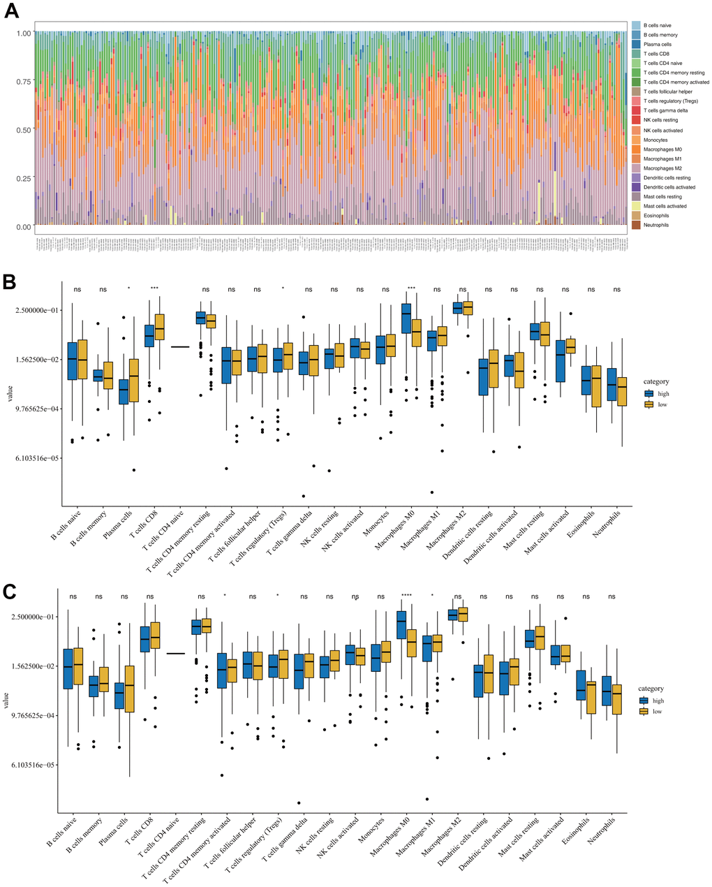 Immune characteristics of sarcomas in the low- and high-risk groups. (A) Tumor-infiltrating immune cell composition in each sarcoma sample. (B) Distribution of 22 types of immune cells in the OS low- and high-risk groups. (C) Distribution of 22 types of immune cells in the DFS low- and high-risk groups.