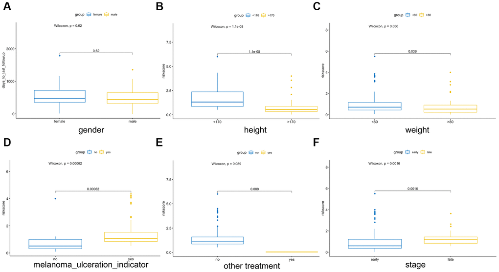 Association between the AF signature risk score and clinical features. These features included sex (A), height (B), weight (C), melanoma ulcer (D), other treatments (E) and clinical stage (F). Blue and yellow correspond to different groups of samples.