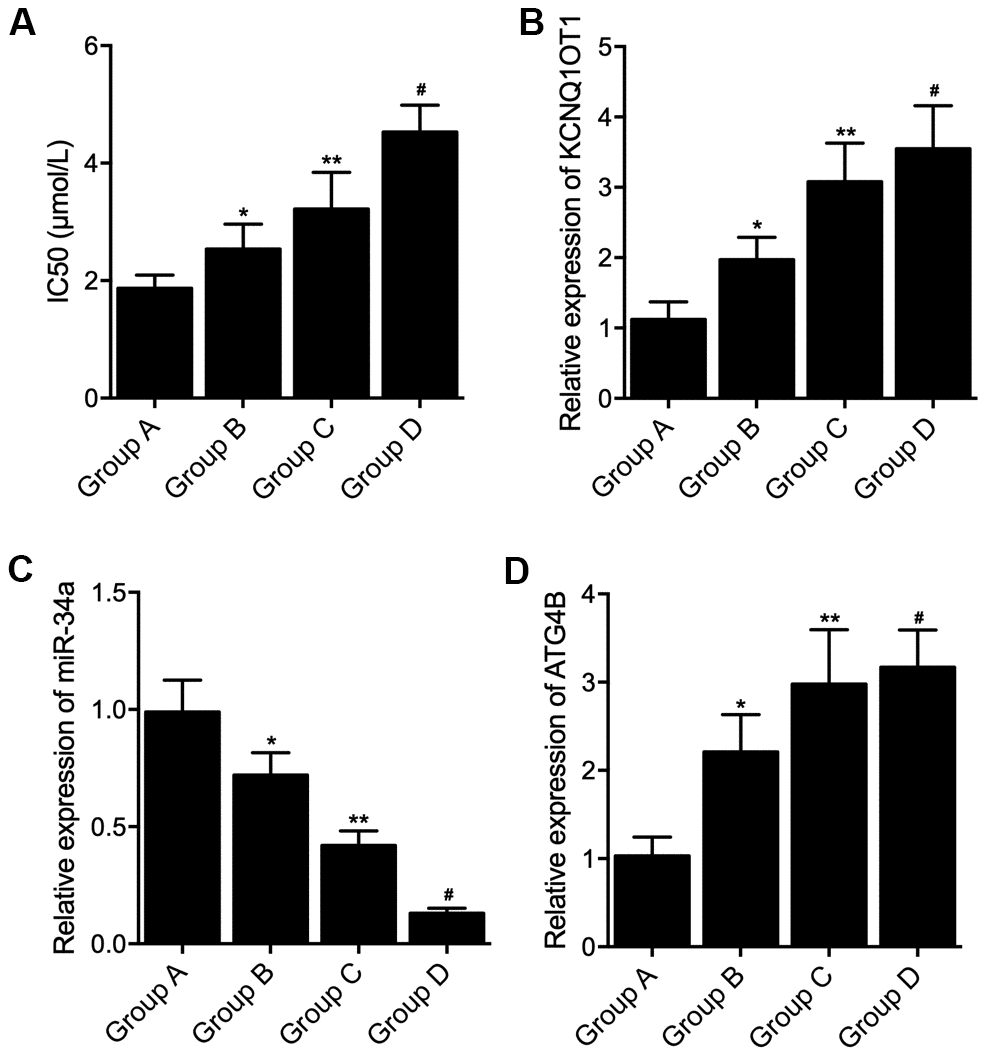 Differential expression of KCNQ1OT1, miR-34a and ATG4B mRNA in colon cancer tissue samples with distinct genotypes and methylation levels of KCNQ1OT1 promoters. (A) Increased IC50 by L-OHP treatment in Group A, Group B, Group C and Group D (statistical analysis: one-way ANOVA; * P value B) Increased expression of KCNQ1OT1 in Group A, Group B, Group C and Group D (statistical analysis: one-way ANOVA; * P value C) Decreased expression of miR-34a in Group A, Group B, Group C and Group D (statistical analysis: one-way ANOVA; * P value D) Increased expression of ATG4B mRNA in Group A, Group B, Group C and Group D (statistical analysis: one-way ANOVA; * P value 