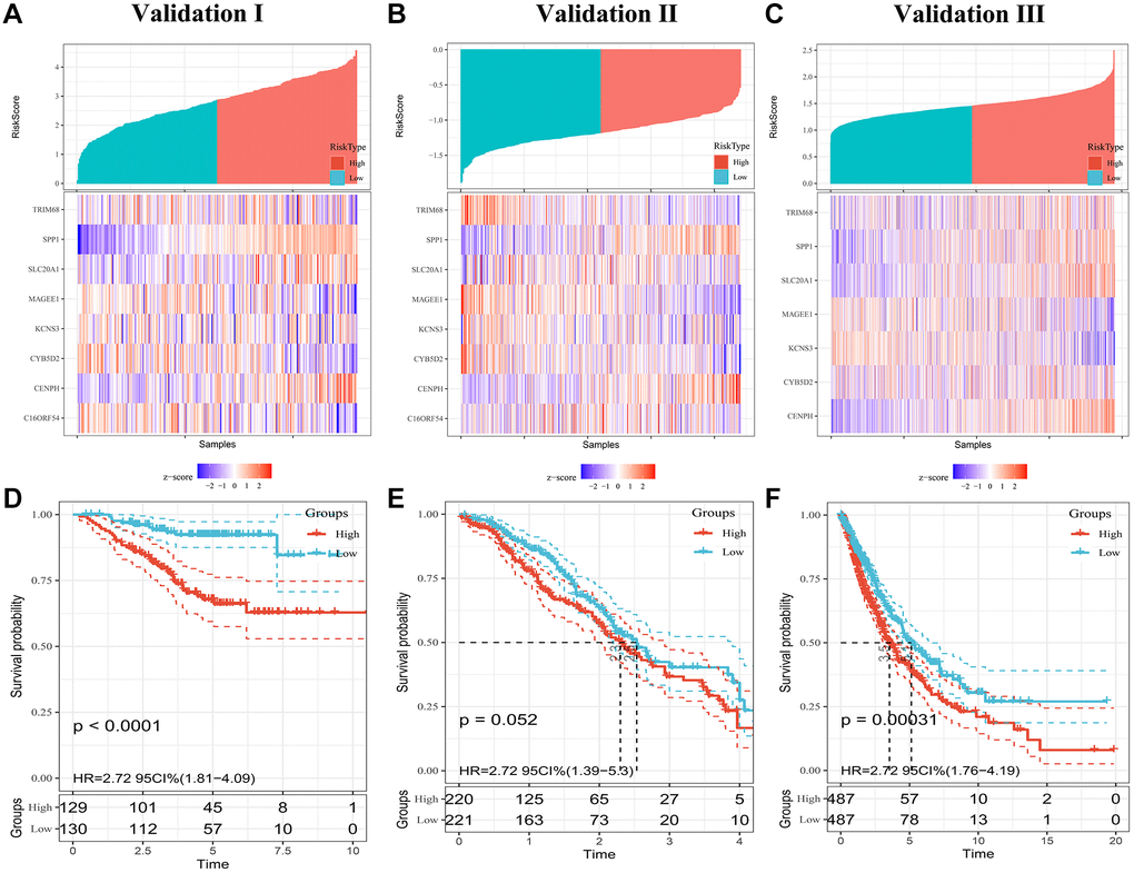 Evaluating PRS signatures in validation sets. (A–C) Risk score distribution and survival status of patients in high- and low-risk groups in validation sets. (D–F) Survival curves in validation sets.