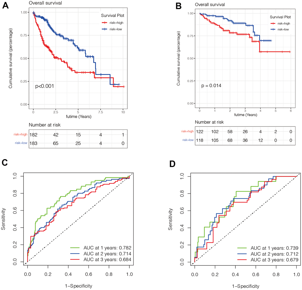 Evaluation of the value of the prognostic model. (A, B) We found that patients in the high-risk group had a poorer prognosis in both the TCGA (Figure 5A) and ICGC (Figure 5B) datasets (P C, D) To verify the accuracy of the risk score in prognostic diagnosis, we plotted the ROC curves for 1, 2, and 3 years in two data sets. We found that the area under the ROC curve of 1 year and 2 years in both data sets was greater than 0.7, and the area under the ROC curve of 3 years was close to 0.7, suggesting that the prognostic model has good stability and accuracy in predicting the prognosis of patients.