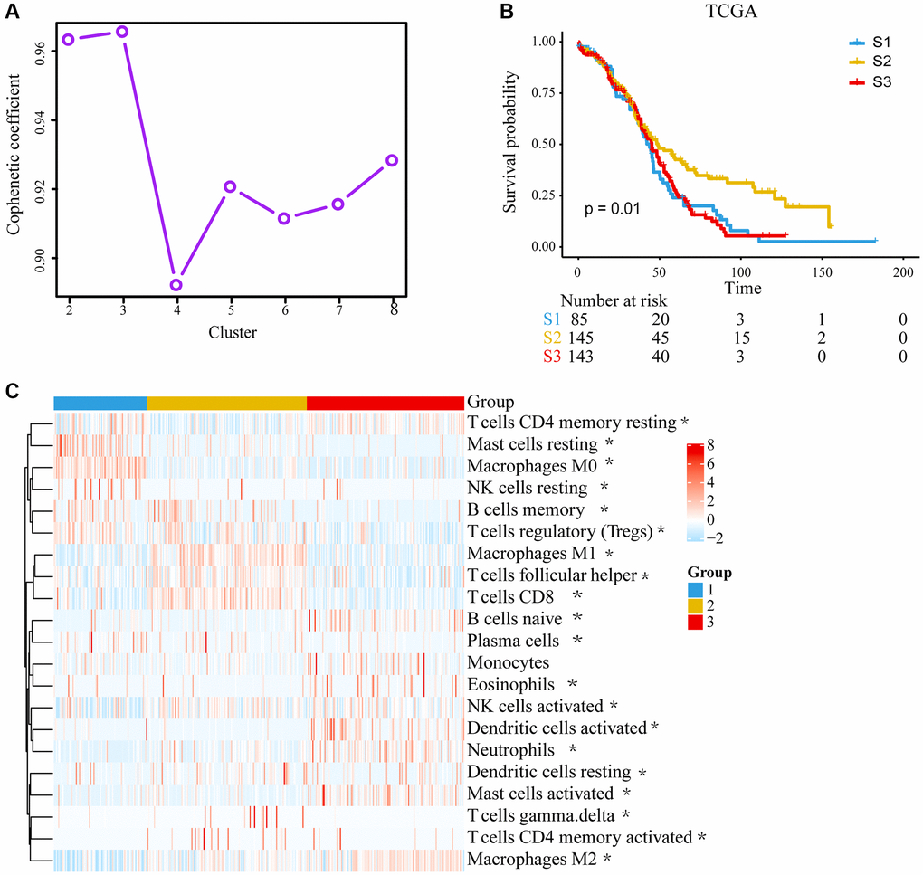 Unsupervised clustering of tumor microenvironment (TME) cells and subtype characteristics for 373 ovarian cancer patients in the TCGA cohort. (A) Cophenetic correlation coefficient of different clusters. (B) Kaplan–Meier (K–M) curves for overall survival (OS) of different 3 subtypes (log-rank test, P = 0.010). (C) Expression pattern of 21 TME cell types in 3 TME subtypes. The differences were confirmed by Kruskal–Wallis tests in the three TME subgroups with TME cell infiltration, and they were statistically significant except Monocytes. The asterisks represented the statistical P value. (*P 