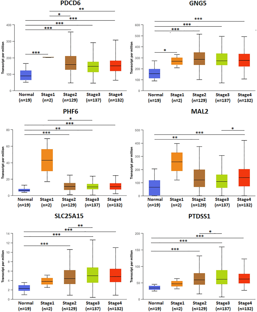 Relationship between mRNA expression of predicted target genes (PDCD6, GNG5, PHF6, MAL2, SLC25A15, PTDSS1) and BLCA individual cancer stages. (***P **P *P 